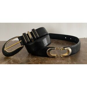 Vtg Cale Sarah Peck Black Lizard Crocodile Leather Belt Silver Gold Accents M